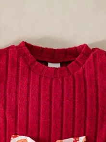 SHEIN Vintaside Kids 1件女嬰甜美紅粉色薑餅人蝴蝶結羅紋長袖泡泡袖圓領休閒冬季公主風舒適A字蓬蓬裙 - 酒紅色 - 查看 6