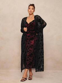 Elaquor Plus Size Women's Printed Waist-Cinching Cami Dress And Long Sleeve Cover-Up 2 Pieces Set Fall - Multicolor - View 5