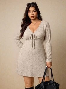 Elaquor Plus Size Women's V-Neck Solid Color Fashion Casual Dress - Apricot - View 4