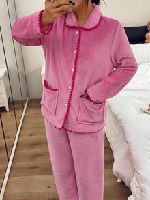 Napfluff Women's Coral Fleece Thickened Long Sleeve Long Pants Casual Loungewear - Hot Pink - View 4