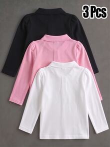 Elladie kids 女童白色3件組長袖 Polo 衫，精緻愛心鈕扣，長袖 T 恤，基本純色修身 T 恤，適合返校季 - 彩色 - 查看 2