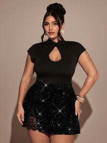 SHEIN BAE CURVE 大尺碼女款黑色亮片迷你裙 - 黑色 - 查看 2