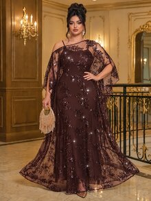 Roveilla Plus Size Woven Asymmetrical Shoulder Deep Brown Sequin Asymmetrical Ruched Casual Loose Party Dress For Commute And Multiple Occasions - Brown - View 4