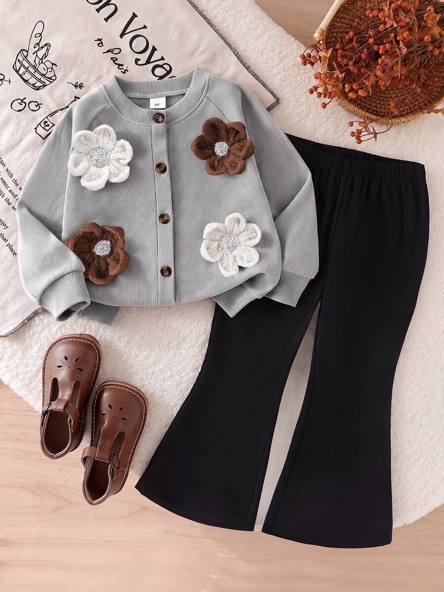 SHEIN Playful Pals Infant Girl Brown Ribbed Long Sleeve Cardigan Jacket With Large Flower Decoration Solid Color Flare Pants Two Pieces Set Spring Autumn Casual Daily Slouchy Outfit Clothes - Grey - View 1
