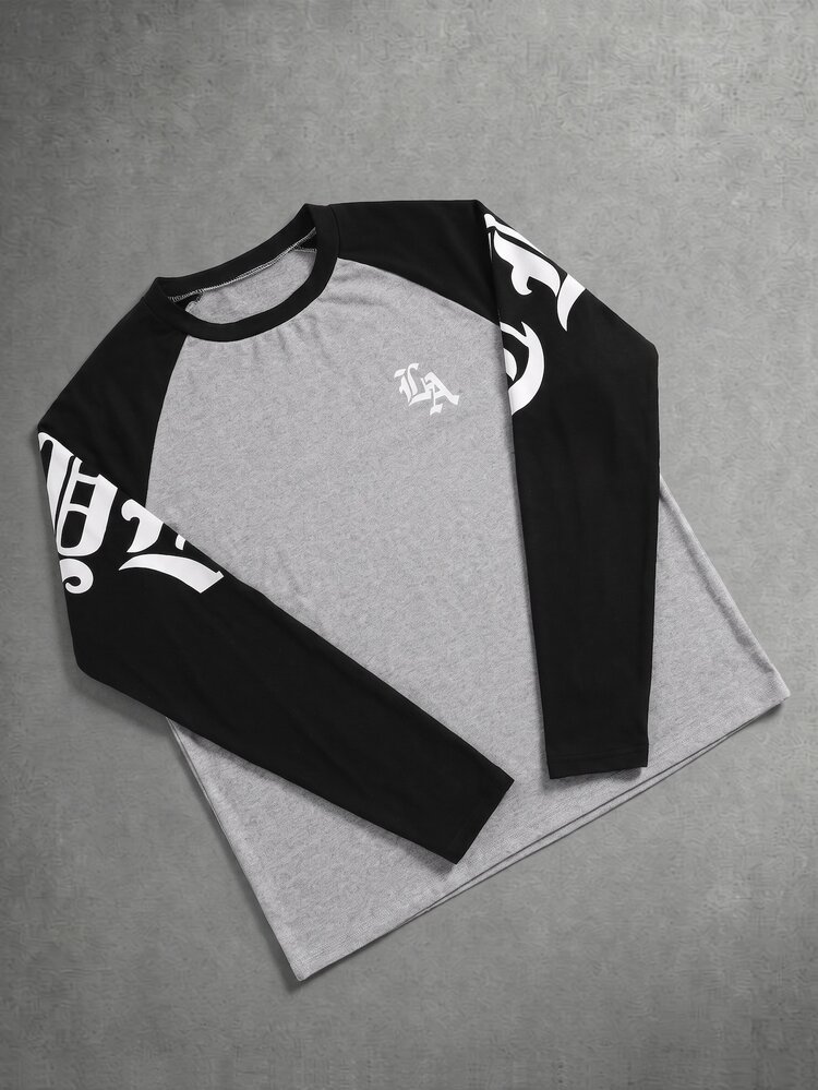 Coolqubz 1pc Teen Boy Street Style Colorblock Fashion Crew Neck Raglan T-Shirt, Eye-Catching Colorblock Design, Comfortable Fabric, - Grey - View 2