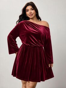 Enliva Plus-Size Women's Party Burgundy Off-Shoulder Neck Dress Apple,Rounded Body - Burgundy - View 5