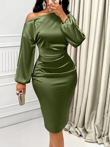 SOLERSUN Asymmetric Neckline Ruched Side Satin Bodycon Dress Maxi Women Outfit - Army Green - View 7