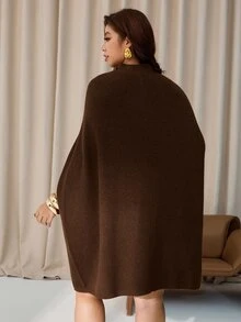 Auralis Plus Size Sweater Dresses/Brown Plus-Size Knee-Length Knit Dress – Loose Cape-Style, High-Stretch, Stand Collar – Suitable For Parties & Dates - Brown - View 2