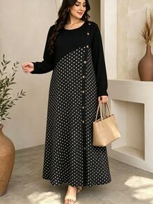 Lacomfia Knitted Loose Polka Dot Patchwork Long Sleeve Long Hem Casual Minimalist Fashion Home Daily Button Decor Black Plus Size Dress - Black - View 3