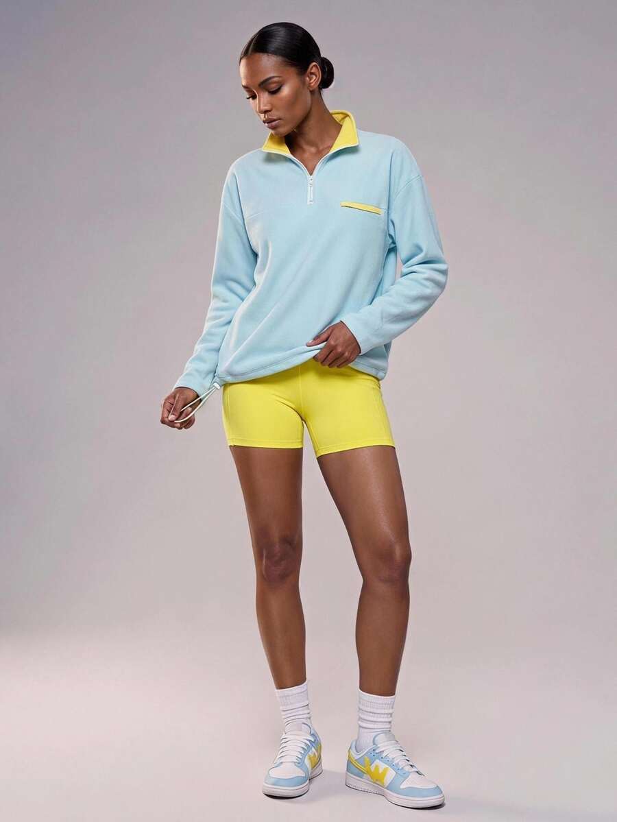 Zivah Women's Zip-Up Half-Placket Long Sleeve Top And Shorts Sports Set - Multicolor - View 1