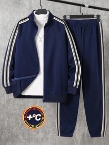 SHEIN Teen Boy Colorblock Long Sleeve Sweatshirt And Sweatpants Casual Daily Set - Navy Blue - View 8