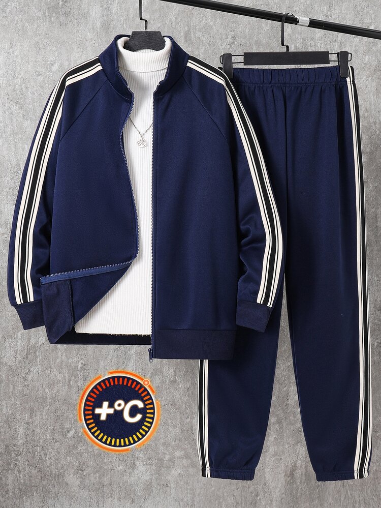 SHEIN Teen Boy Colorblock Long Sleeve Sweatshirt And Sweatpants Casual Daily Set - Navy Blue - View 8
