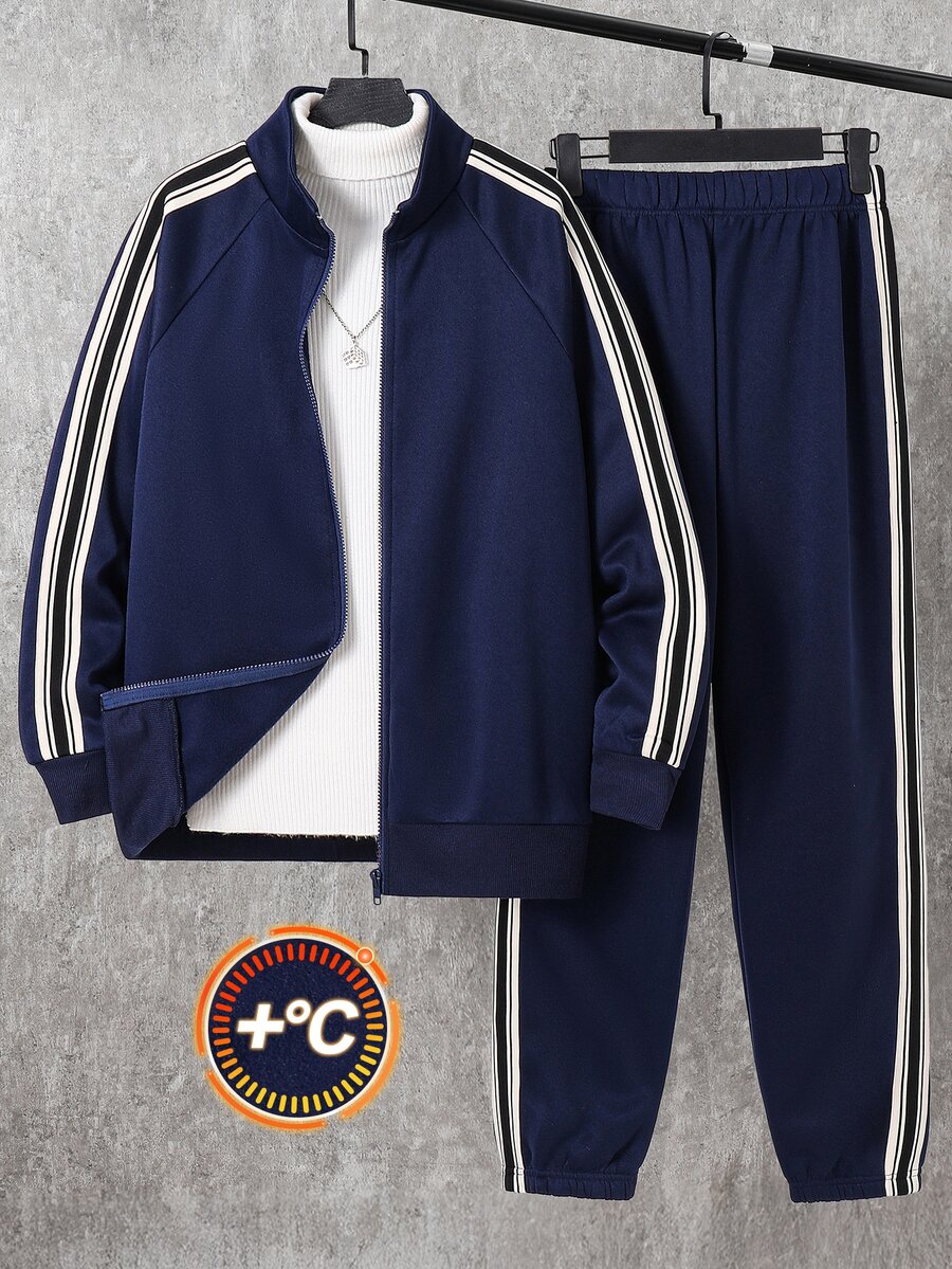 SHEIN Teen Boy Colorblock Long Sleeve Sweatshirt And Sweatpants Casual Daily Set - Navy Blue - View 1