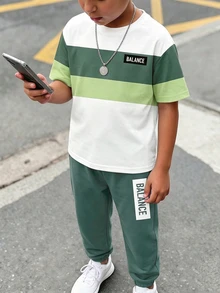 Tween Boy Striped Colorblock Short Sleeve T-Shirt And Letter Print Long Pants Set - Multicolor - View 1