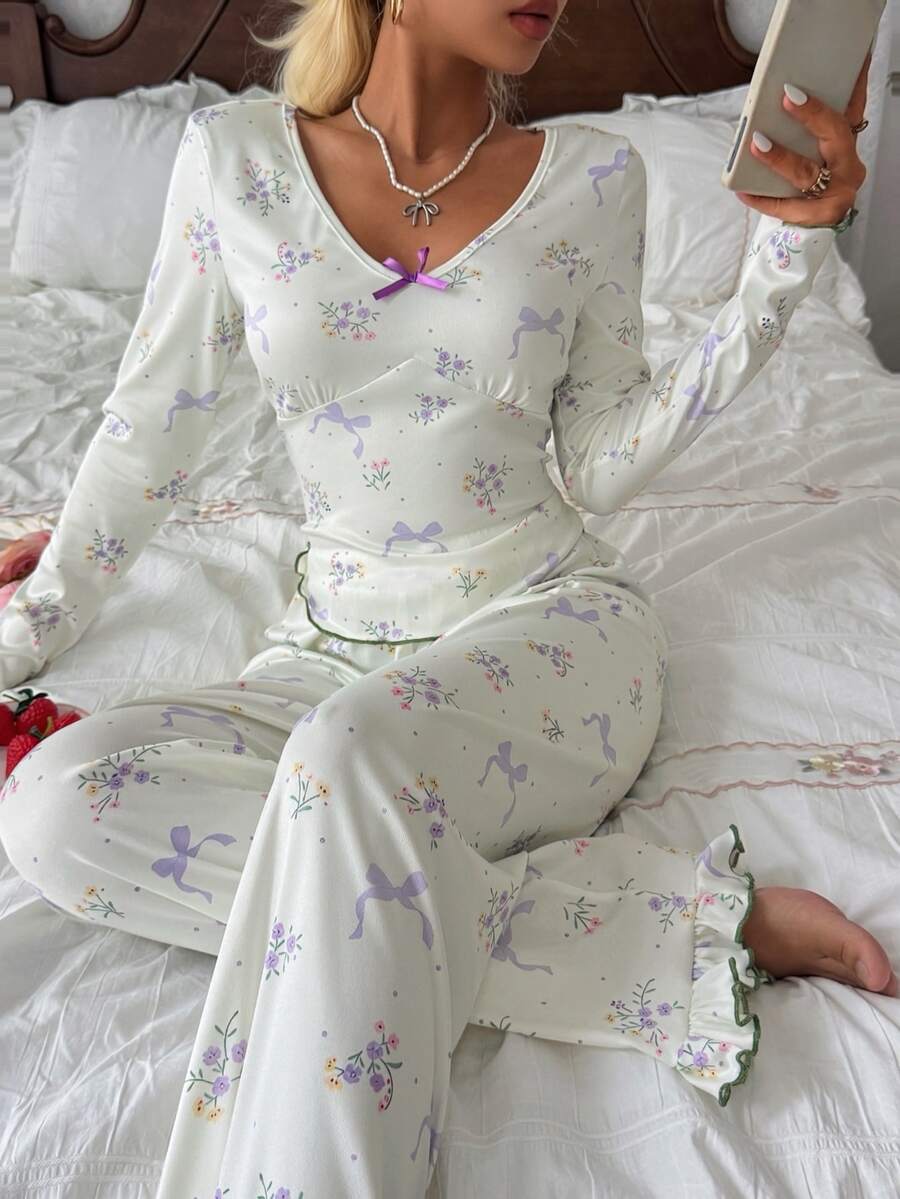 CottageSlumber Women's Romantic Floral Print Bowknot Long Sleeve Long Pants Pajama Set - White - View 1