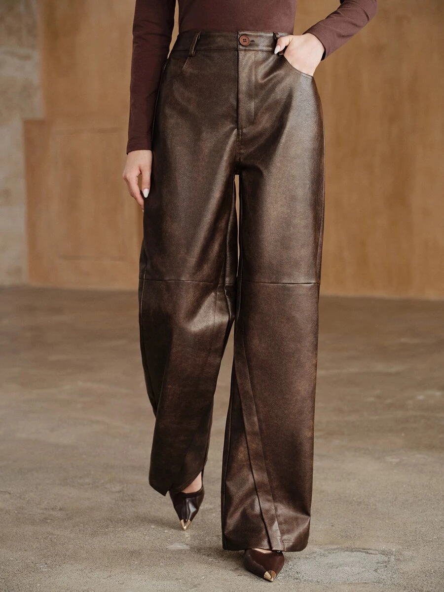 Anewsta Autumn Cool Modern Style Commute Vacation Leather Long Pants Niche Split Hem Dark Brown Straight Leg Women's Leather Pants - Brown - View 1