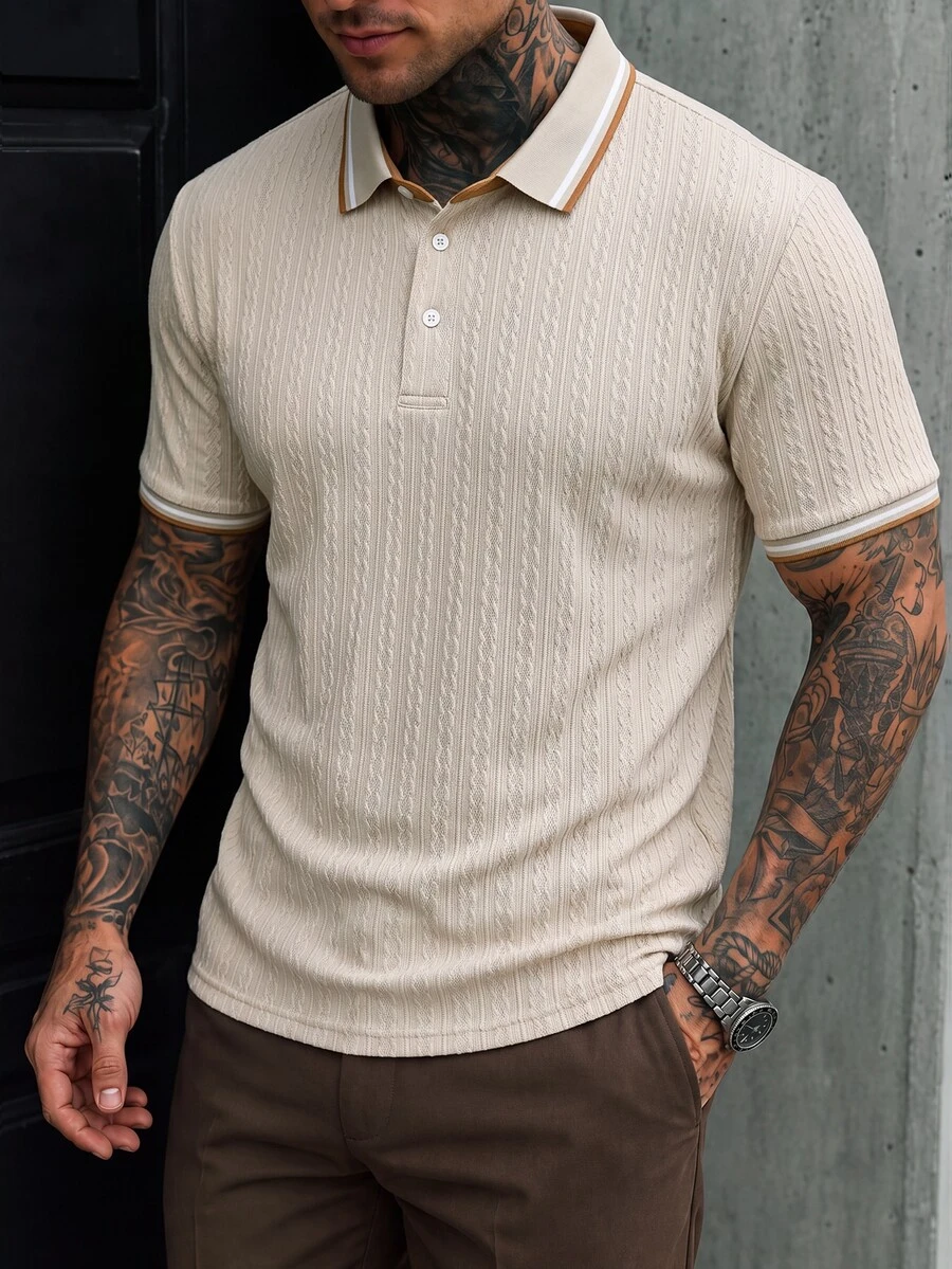 Calvornis Knitted Jacquard Solid Color Business Casual Daily Polo Shirt With Collar For Men - Khaki - View 1
