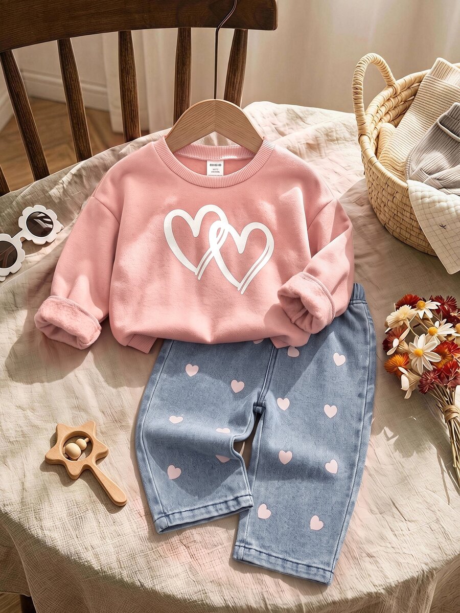 Girls' Pink Heart Pattern Sweatshirt And Denim Jeans Casual Set - Pink - View 1