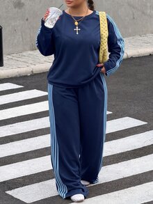 Muchica 大尺碼女款側條紋運動衫與運動長褲休閒兩件套 秋季 - 藏蓝色 - 查看 1