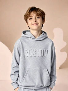 SHEIN 兒童青少年男孩休閒灰色字母與圖案印花寬鬆版型開學季秋冬衛衣，適合學校、街頭、派對穿著 - 淺灰色 - 查看 11