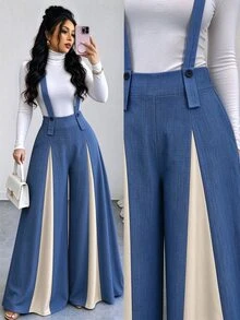 Selianne Haze Blue & Apricot Colorblock Patchwork Jumpsuit For Women, Luxury Texture Drape Wide Leg Pants, Commute & Date Jumpsuit - Multicolor - View 1