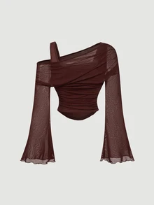 SHEIN MOD Women's 2pcs Solid Color & Polka Dot Asymmetrical Shoulder T-Shirts - Brown - View 6