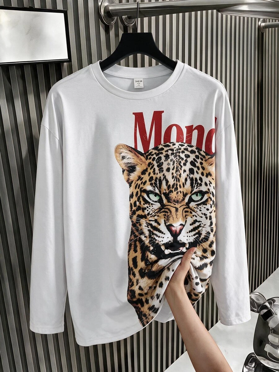 SHEIN 青少年男孩字母與動物圖案休閒日常長袖T恤 - 白色 - 查看 1