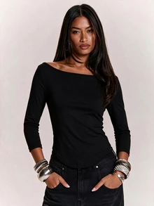 SHEIN BAE Fall Clothes For Women Winter Clothes Women's Solid Color Boat Neck Slim Fit Casual 3/4 Sleeve T-Shirt Fall Clothes For Women ,Summer, Casual Top - Black - View 3