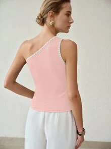 MOTF PREMIUM ONE SHOULDER CONTRAST BINDING SLIM FIT TOP - Pink - View 2