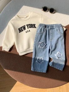 SHEIN 2件組 嬰兒男童/女童秋冬連帽衛衣與牛仔褲套裝 星星圖案水洗破洞牛仔兩件套 - 彩色 - 查看 1