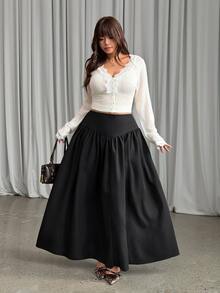 GalTyme Plus Size Women Solid Color Pleated Casual Daily Wear Skirt - Black - View 3