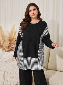 Lacomfia Plus Size Striped Color Block Long Sleeve Shirt And Minimalist Long Pants 2 Pieces Set - Black - View 4
