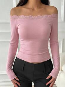 DAZY Women's Lace Patchwork Square Neck Elegant Pullover T-Shirt Fall - Pink - View 4