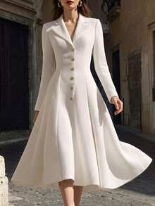 Velvienne Đầm dài nữ dáng chữ A eo chiết cổ blazer, len dày pha, phong cách thanh lịch mới cho mùa Thu/Đông, phù hợp đi tiệc, hẹn hò và đi làm - trắng - Xem 3