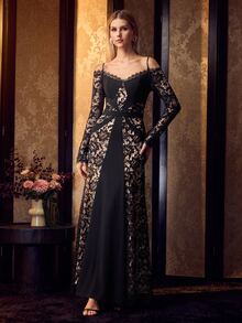 MOTF Soiréza WOMEN'S LACE PATCHWORK SQUARE NECK ELEGANT DRESS - Black - View 4