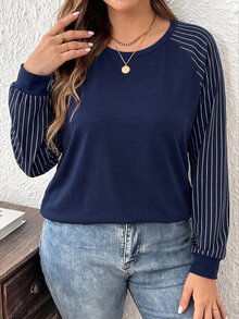 Comfylo Autumn/Winter New Teacher's Day Thanksgiving Blue Striped Print Plus Size Women's Casual Raglan Sleeve Crew Neck Loose T-Shirt Suitable For Spring/Autumn - Navy Blue - View 5