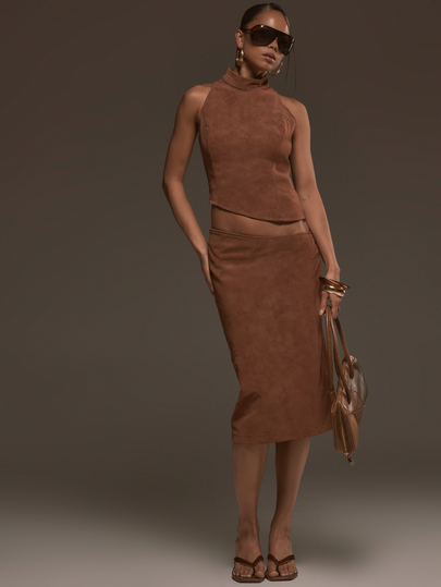 MUSERA Burnt Orange Asymmetric Low Rise Midi Skirt Fall Autumn Winter Cool Style Outfits