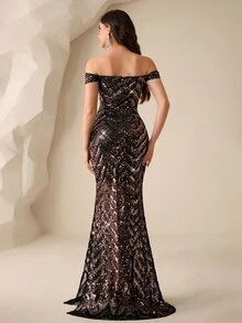 Coutiva Sequin Off-Shoulder Slit Elegant Evening Gown - Black Gold - View 2