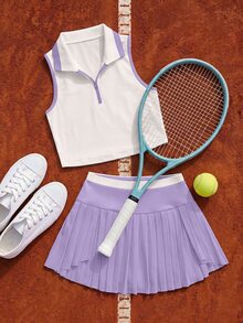 CourtClass CourtClass 女款拼色上衣與百褶迷你裙休閒運動網球套裝 - 彩色 - 查看 5