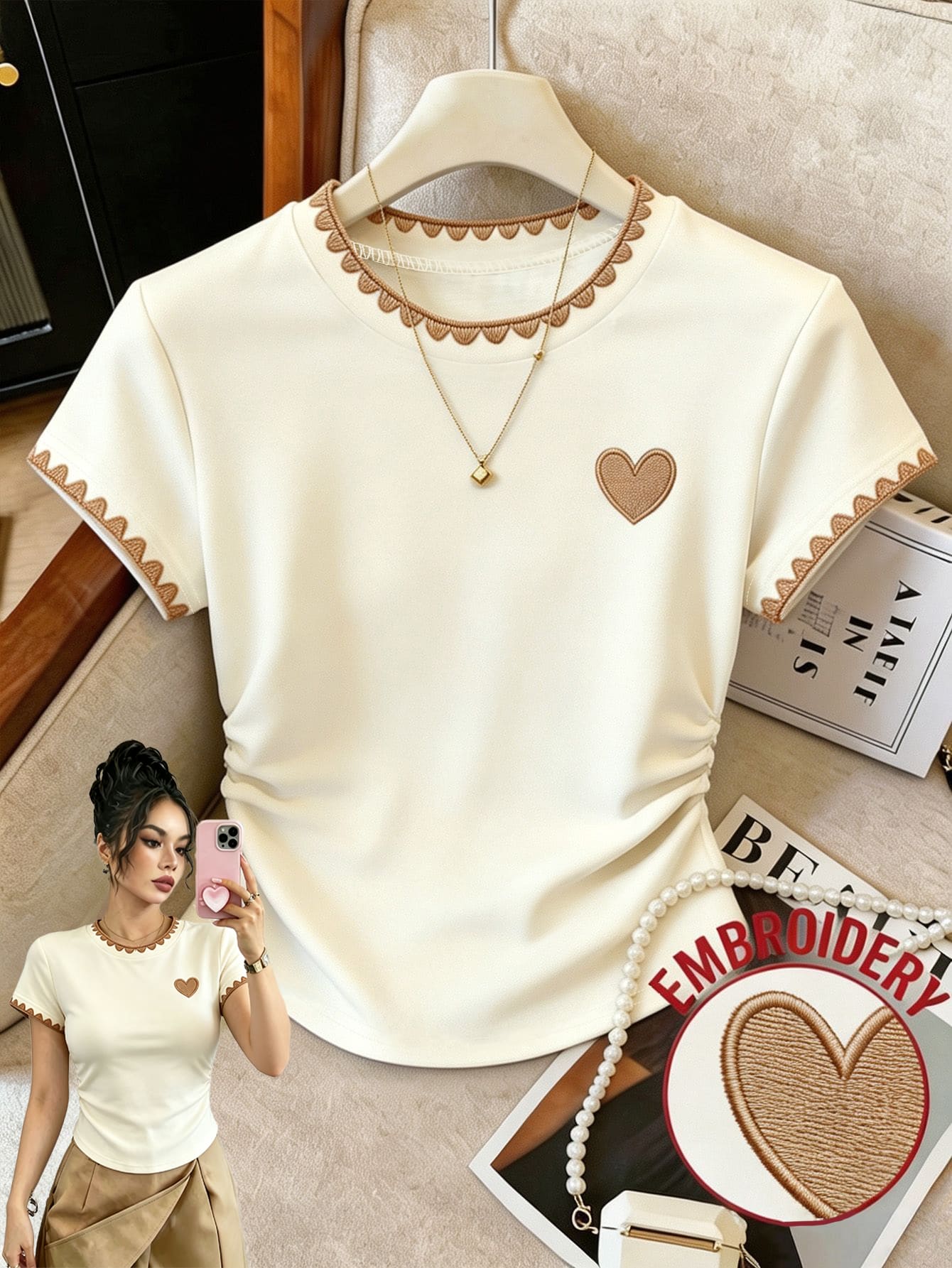 Franclia 女款大尺碼外套上衣,夏季新款,杏色,狗牙紋,刺繡愛心棕色,修身收腰,度假穿搭,女款大尺碼短袖T恤 - 杏色 - 查看 1