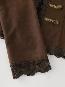 LUMIGAL Dark Brown Suede Round Neck Lace Trim Vintage Long Sleeve Women's Jacket - Coffee Brown - View 5
