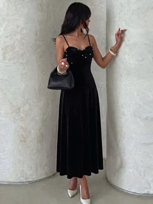 Modelyn Vintage Velvet Twisted Strap Dress With Beaded Short Cape, Cinched Waist And Flared Long Skirt, Party And Commute Outfit Velvet Black Fall/Winter - Black - View 8