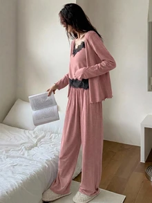 DAZY 3pcs Contrast Color Lace Patchwork Cardigan, Camisole And Pajama Pants Sleepwear Set, Home Pajamas - Pink - View 5