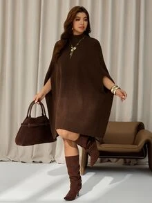 Auralis Plus Size Sweater Dresses/Brown Plus-Size Knee-Length Knit Dress – Loose Cape-Style, High-Stretch, Stand Collar – Suitable For Parties & Dates - Brown - View 4
