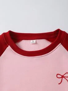 SHEIN 青少年女孩粉色與酒紅色拼接落肩袖圓領運動衫與側條紋寬腿運動長褲2件套，蝴蝶結印花圖案休閒運動服裝，適合日常穿著、運動、好友聚會，四季穿搭，秋冬款，抓絨加厚 - 彩色 - 查看 7