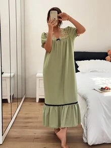 Napfluff Asian Style Cute Women's Nightgown, Woven Bubble Crepe Lace V-Neck Patchwork, Contrast Color Bow Puff Short Sleeve Long Hem Ruffle Loose Home Sleep Dress - Green - View 6