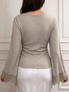 Elegantrix Plus Size Women's Autumn/Winter Cinched Waist Ruched Lace Trim Patchwork Casual Commute T-Shirt Top - Grey - View 2
