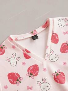 PopScrub Cute Pink Floral Bow Strawberry Rabbit Women's Scrub Top - Multicolor - View 3