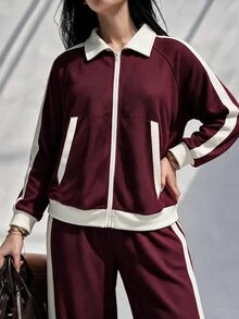 Modelyn Women's Casual Korean Style College Style Lapel Relaxed Fit Zip-Up Jacket & Wide Leg Pants Plus Size 2 Pieces Set - Burgundy - View 5