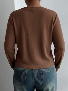 Livesso Solid Color Casual Traditional Half-Button Front Long Sleeve Brown T-Shirt, Blogger Style, Spring/Autumn New Arrival Formal Home Wear Vacation - Brown - View 2